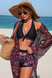 Vintage Print Halter Bikini Shorts & Cover-up 3-Piece Set - Swimwear from Cindelily