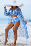 Leaf Print Bikini & Cover-Up 3-Piece Set Blue & White - Swimwear from Cindelily