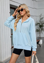 Half Zip Size Split Hoodie with Front Pocket