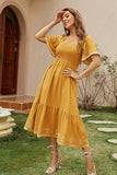 Textured Smocked Midi Dress with Embroidered Trim Yellow - Dresses from Cindelily
