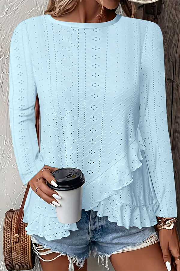Broderie Anglaise Ruffled Hem Blouse Light blue - Blouses & Shirts from Cindelily