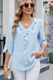 Chiffon Half-Sleeve V-Neck Ruffle Blouse Light blue - Blouses & Shirts from Cindelily