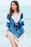 Paisley Print Crochet Fringe Trim Cover-Up Blue One-Size - Cover-Up from Cindelily