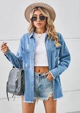 Washed Raw Hem Ripped Denim Shirt