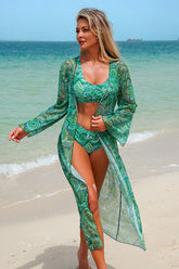Boho Paisley Print 3-Piece Swim Set Green - Swimwear from Cindelily