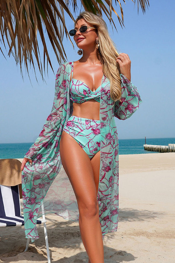 Vintage Print Bikini & Sheer Cover-Up 3-Piece Swim Set Light green - Swimwear from Cindelily