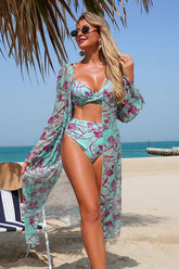 Vintage Print Bikini & Sheer Cover-Up 3-Piece Swim Set Light green - Swimwear from Cindelily