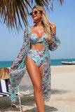 Vintage Print Bikini & Sheer Cover-Up 3-Piece Swim Set Light green - Swimwear from Cindelily
