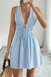 Lace-Trimmed Plunge Neck Striped Sleeveless Dress Blue - Dresses from Cindelily