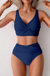 Wrap-Front Crop Top & High-Waist Bottoms Bikini Navy blue - Swimwear from Cindelily
