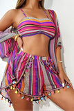 Striped Tassel Kimono Bikini & Shorts 4-Piece Set - Swimwear from Cindelily