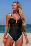 Black & White Mesh-Cut One-Piece Swimsuit Black - Swimwear from Cindelily