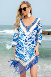Marble Print Crochet Fringe Trim Cover-Up Blue One-Piece - Cover-Up from Cindelily