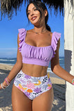 Ruffle 2-Piece High-Waisted Bikini Set Lilac - Swimwear from Cindelily