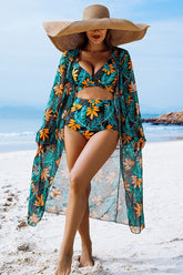 Leaf Print Bikini & Cover-Up 3-Piece Set Black - Swimwear from Cindelily