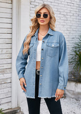 Washed Raw Hem Button Up Denim Shirt
