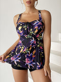 Flroal Print Drawstring Tie Front Tankini Set