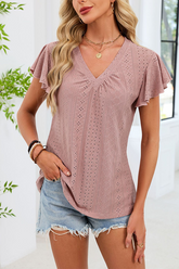 Eyelet V-Neck Blouse with Flutter Sleeves Dusty pink - Tops from Cindelily