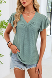 Eyelet V-Neck Blouse with Flutter Sleeves Light green - Tops from Cindelily