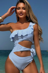 Stripe One-Shoulder Cutout One-Piece Swimsuit Stripe - Swimwear from Cindelily