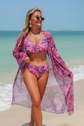 Boho Paisley Print 3-Piece Swim Set Pink - Swimwear from Cindelily