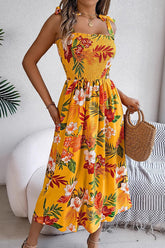 Tropical Floral Smocked Maxi Dress Yellow - Dresses from Cindelily