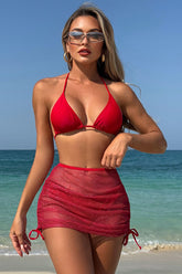 Halter Bikini & Sheer Cover-Up 3-Piece Set Red - Swimwear from Cindelily