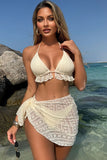 Lace Ruffled Halter Bikini & Cover-Up 3-Piece Set Beige - Swimwear from Cindelily