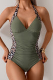 Leopard Print Trim Tummy Control One-Piece Swimsuit Olive green - Swimwear from Cindelily