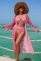 Checkered Print Halter Bikini & Cover-Up 3-Piece Set - Swimwear from Cindelily