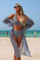 Checkered Print Halter Bikini & Cover-Up 3-Piece Set Black - Swimwear from Cindelily