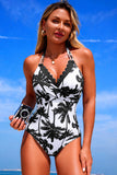 Tropical Print Halter One Piece Swimsuit Black - Swimwear from Cindelily