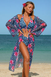 Leopard Floral Print Halter Bikini & Cover-Up 3-Piece Set Blue - Swimwear from Cindelily