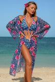 Leopard Floral Print Halter Bikini & Cover-Up 3-Piece Set Blue - Swimwear from Cindelily