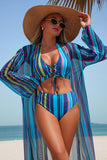 Lace Up Front Halter Bikini & Cover-Up 3-Piece Set Blue - Swimwear from Cindelily