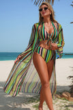 Lace Up Front Halter Bikini & Cover-Up 3-Piece Set Green - Swimwear from Cindelily