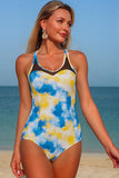 Ombre Print Mesh Inset One Piece Swimsuit Blue & Yellow - Swimwear from Cindelily