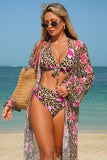 Leopard Floral Print Halter Bikini & Cover-Up 3-Piece Set - Swimwear from Cindelily