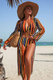 Lace Up Front Halter Bikini & Cover-Up 3-Piece Set Orange - Swimwear from Cindelily