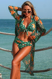 Leopard Floral Print Halter Bikini & Cover-Up 3-Piece Set - Swimwear from Cindelily