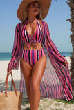 Lace Up Front Halter Bikini & Cover-Up 3-Piece Set Pink - Swimwear from Cindelily