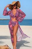 Leopard Floral Print Halter Bikini & Cover-Up 3-Piece Set Pink - Swimwear from Cindelily
