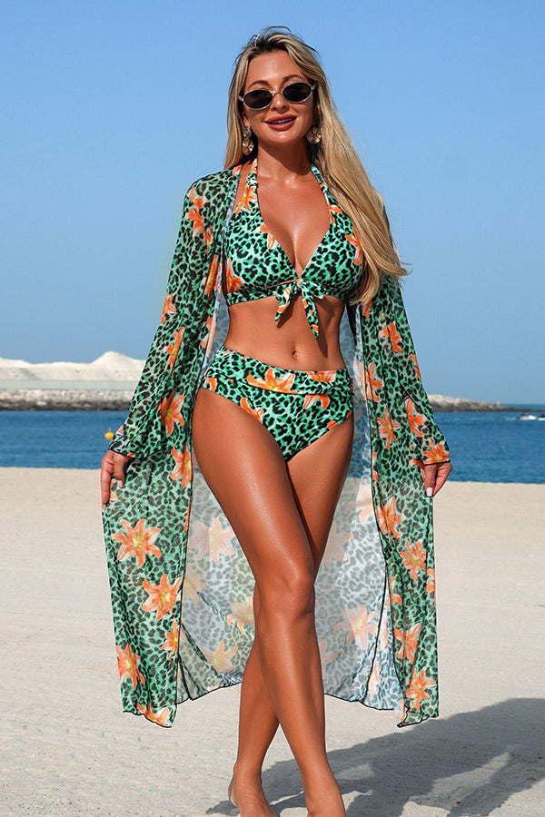 Leopard Floral Print Halter Bikini & Cover-Up 3-Piece Set Green - Swimwear from Cindelily