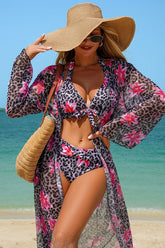 Leopard Floral Print Halter Bikini & Cover-Up 3-Piece Set Grey - Swimwear from Cindelily