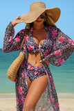 Leopard Floral Print Halter Bikini & Cover-Up 3-Piece Set Grey - Swimwear from Cindelily