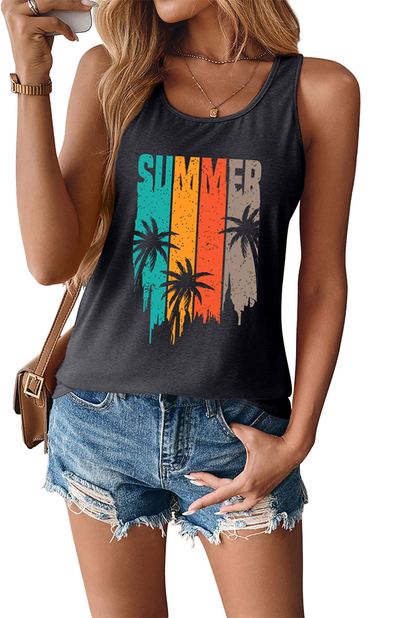 Retro SUMMER Palm Tree Graphic Tank Top Dark grey - Tops from Cindelily