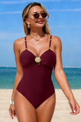 Shell-Accent Cutout One-Piece Swimsuit Burgundy - Swimwear from Cindelily