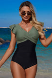 Twist-Front Ruffle One-Piece Swimsuit Olive green & black - Swimwear from Cindelily