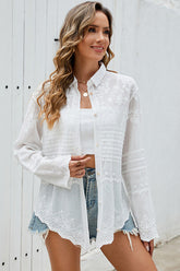 White Lace Embroidered Sheer Shirt Cover-Up White One Size - Cover-Up from Cindelily