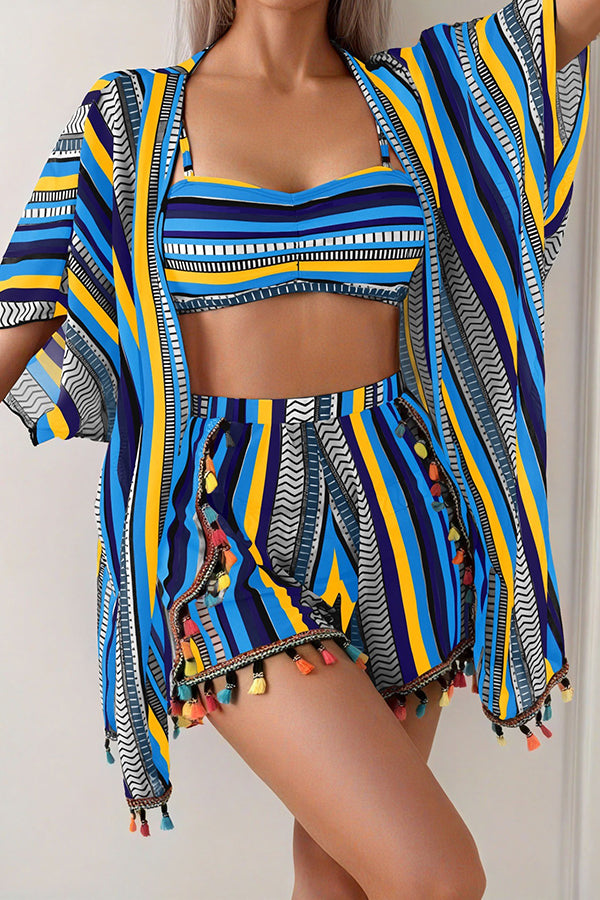 Striped Tassel Kimono Bikini & Shorts 4-Piece Set - Swimwear from Cindelily